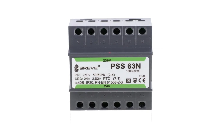 Transformator 1-fazowy modułowy bezpieczeństwa PSS 63N 230/ 24V 2,6A, na szynę DIN, IP20, Ta 40, 16024-9890