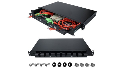 Szuflada zapasu kabla do szafy RACK 19 1U 320mm przełącznica wysuwana z organizerem Czarna