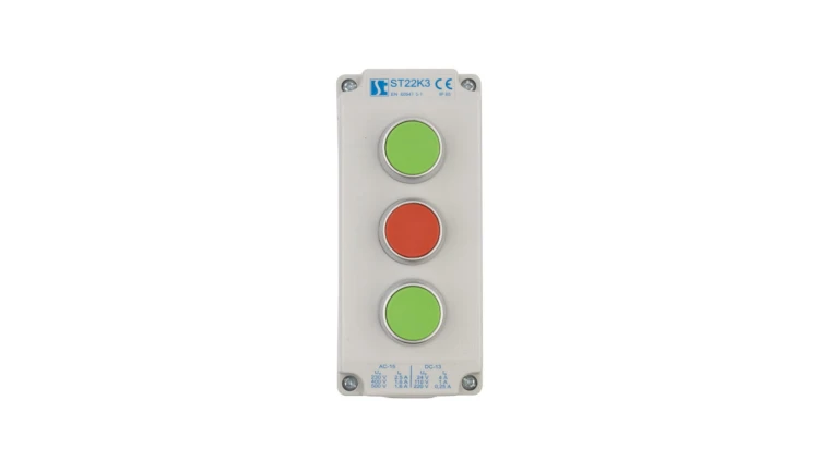 Kaseta sterownicza 3-otworowa z przyciskami zielony/czerwony/zielony IP65 ST22K3\02-1