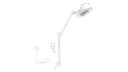 Lampa z lupą, 3dioptrii, 125mm, Montaż zaciskowy na stole, Świetlówki, 22W, 220V ac, Typ C – wtyk europejski, typ G –