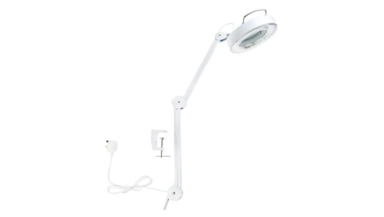 Lampa z lupą, 3dioptrii, 125mm, Montaż zaciskowy na stole, Świetlówki, 22W, 220V ac, Typ C – wtyk europejski, typ G –