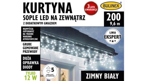 Lampki Bulinex kurtyna sople 200led biały zimny 9.6m biały gruby przewód