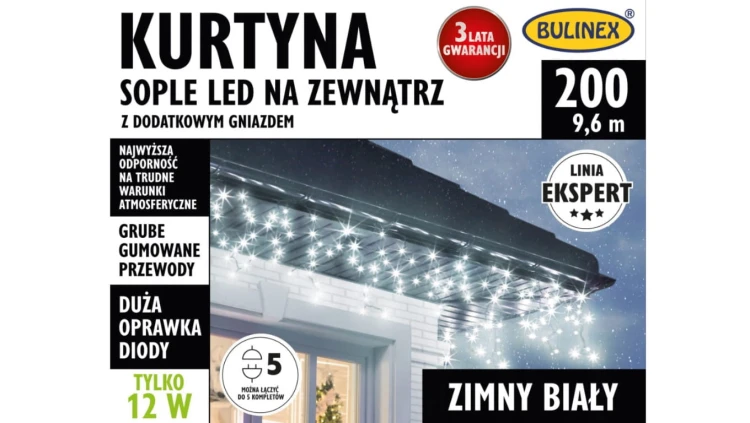 Lampki Bulinex kurtyna sople 200led biały zimny 9.6m biały gruby przewód