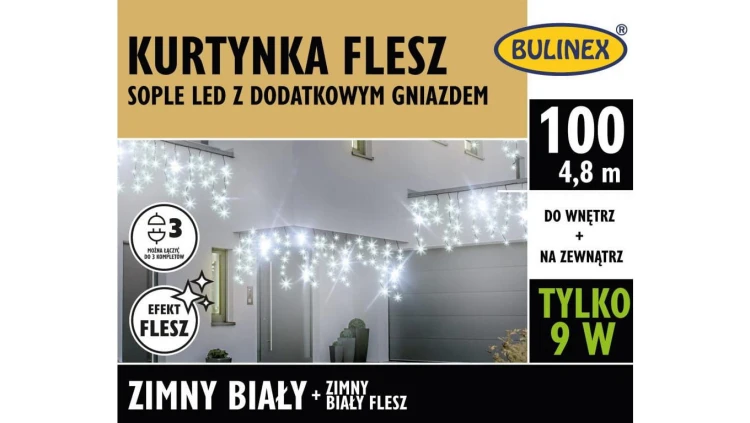Lampki Bulinex 100led białe zimne 4,80m kurtyna flesz