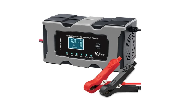 Qoltec Inteligentna mikroprocesorowa ładowarka 12V 10A Prostownik z funkcją naprawy do akumulatora AGM GEL LiFePO4 LCD