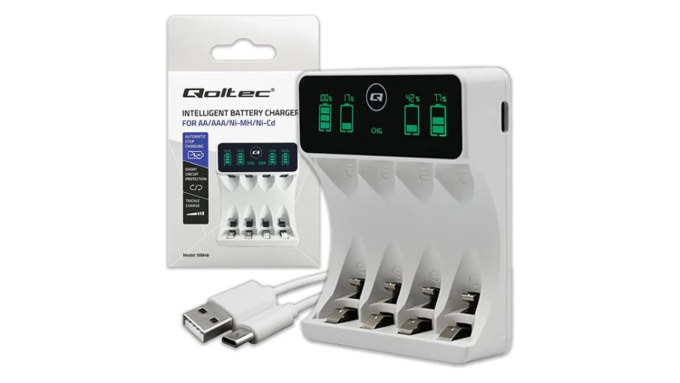 Qoltec Ładowarka do akumulatorków Ni-MH typu R03 AAA R6 AA LCD Kabel USB-C Biała