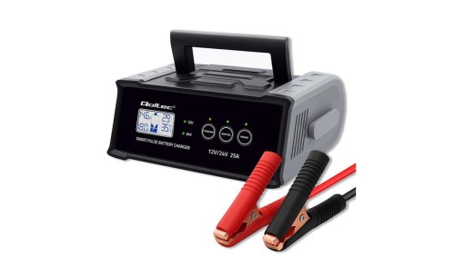 Qoltec Inteligentna mikroprocesorowa ładowarka 12V 24V 25A Prostownik z funkcją naprawy do akumulatora AGM GEL SLA LCD