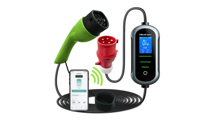 Qoltec Mobilna ładowarka do samochodu elektrycznego EV z regulacją 2w1 Typ2 22kW 400V Wi-fi TUYA SMART LIFE LCD Przenośna Wallbo