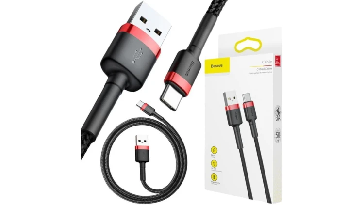 KABEL USB-A -USB-C Baseus Cafule CATKLF-A91 50cm 3A QC 3.0 CZARNO-CZERWONY W OPLOCIE