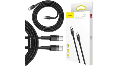 KABEL USB-C - USB-C Baseus Cafule CATKLF-HG1 200cm 60W 3A PD 2.0 QC 3.0 CZARNO-SZARY W OPLOCIE