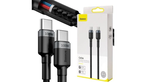 KABEL USB-C -USB-C Baseus Cafule CATKLF-ALG1 200cm 100W 5A PD 2.0 QC 3.0 CZARNO-SZARY W OPLOCIE