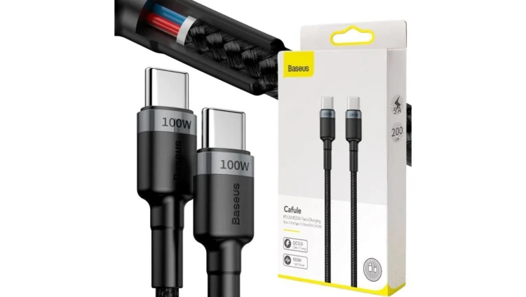 KABEL USB-C -USB-C Baseus Cafule CATKLF-ALG1 200cm 100W 5A PD 2.0 QC 3.0 CZARNO-SZARY W OPLOCIE