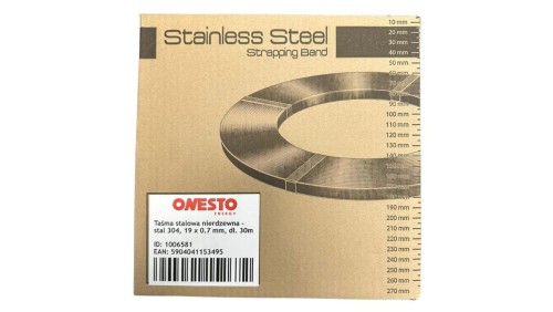 Taśma ze stali nierdzewnej 304 19mm x 0.7mm / 30m do tworzenia opasek mocujących w kartonie ONESTO