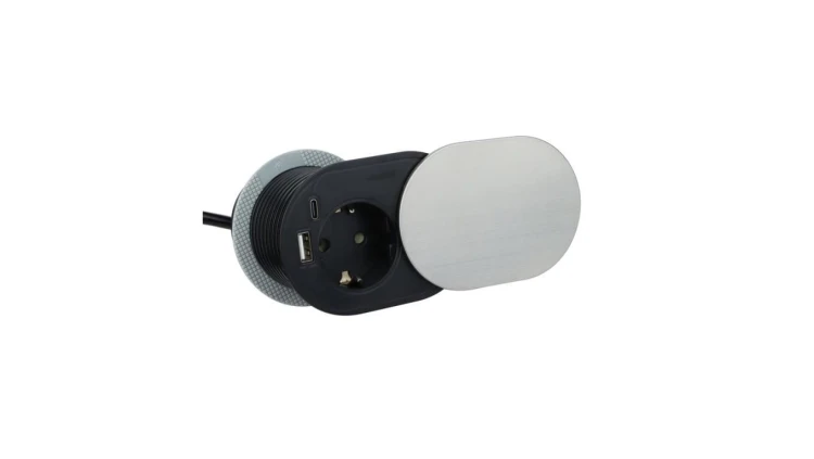 Gniazdo meblowe chowane w blat SLIDE BOX okrągłe aluminiowe pojedyncze 1x 2P+Z Schuko 16A + gniazdo ładowania 1x USB A 1x USB C
