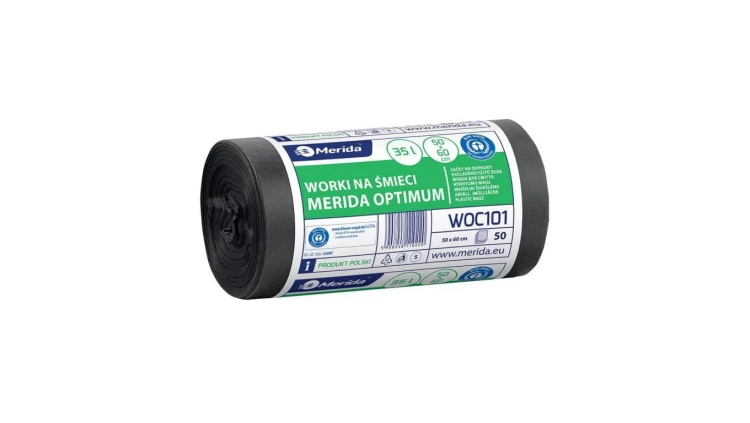 Merida Worki na śmieci MERIDA OPTIMUM mocne, 50 x 60 cm, pojemność 35 l, rolka 50 szt., CZARNE, HDPE/LDPE