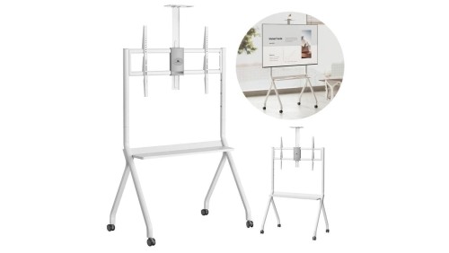 Stand / wózek do TV Maclean, półka na kamerę, na kółkach, 55-100, max. obciążenie 120kg/10kg półka, max. VESA 900x600, biały, MC