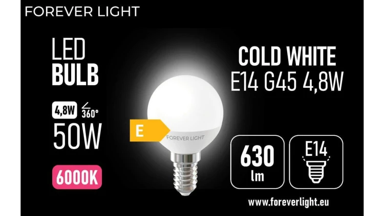 Żarówka LED E14 G45 4.8W 630lm 6000K klasa E Forever Light