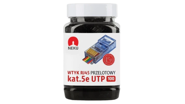 Wtyk modularny RJ45 8P8C kat.5e nieekranowany UTP uniwersalny drut linka przelotowy czarny NEKU opakowanie SŁOIK 100szt.