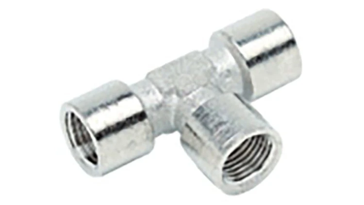 Pneumatyczny adapter teowy gwintowany, Mosiądz, 50 barów Niklowane, 176-1062 /10szt./