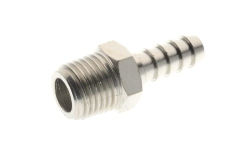 Króciec gwintowany choinka do węża fi 14 mm R 3/8 GZ, mosiądz niklowany, gwint stożkowy
