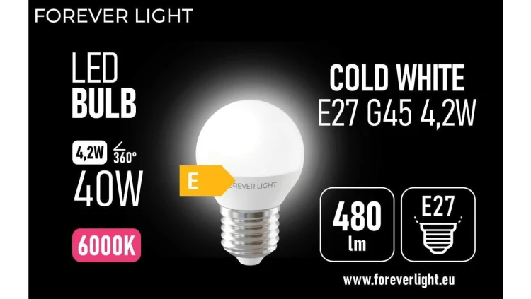 Żarówka LED E27 G45 4.2W 480lm 6000K klasa E Forever Light