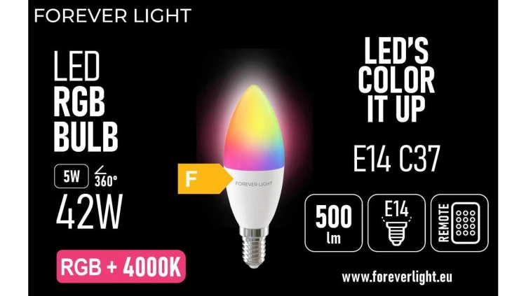 Żarówka LED RGB + NEUTRAL WHITE E14 C37 5W 500lm 4000K klasa F Forever Light