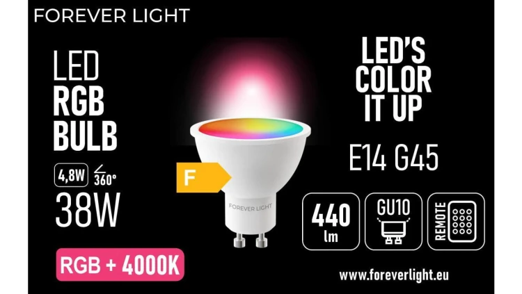 Żarówka LED RGB + NEUTRAL WHITE GU10 4.8W 440lm 4000K klasa F Forever Light