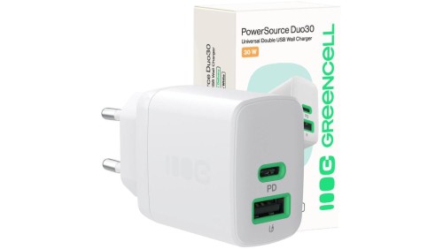 ŁADOWARKA SIECIOWA Greencell PowerSource Duo30 30W 1xUSB-C 1xUSB-A PD 3.0 QC 4.0+ biała
