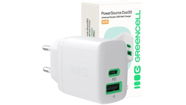 ŁADOWARKA SIECIOWA Greencell PowerSource Duo30 30W 1xUSB-C 1xUSB-A PD 3.0 QC 4.0+ biała