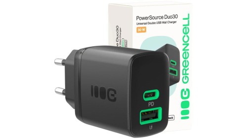 ŁADOWARKA SIECIOWA Greencell PowerSource Duo30 30W 1xUSB-C 1xUSB-A PD 3.0 QC 4.0+ czarna