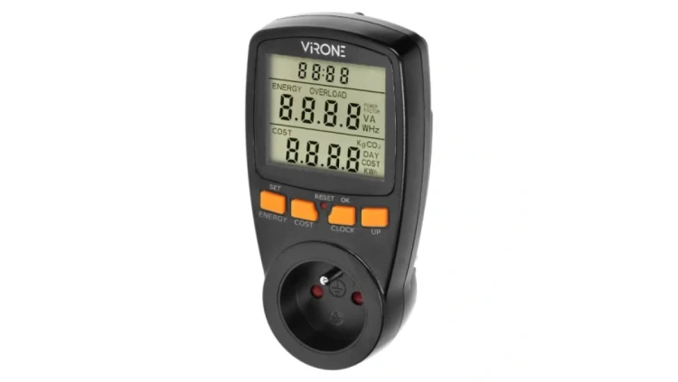 Watomierz cyfrowy LCD gniazdkowy licznik zużycia energii elektrycznej (do gniazdek typu 2P+Z) czarny VIRONE