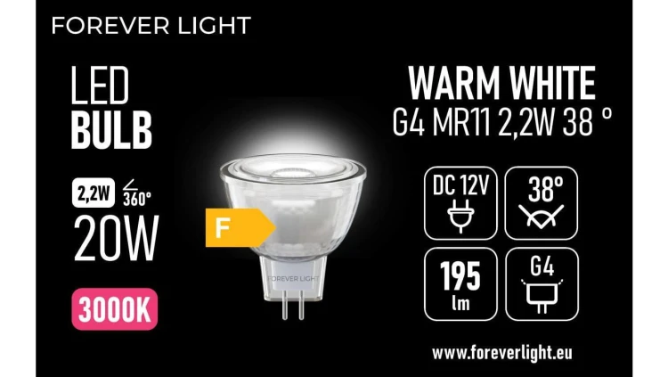 Żarówka LED G4 MR11 38 2.2W 195lm 3000K 12V szklana klasa F Forever Light