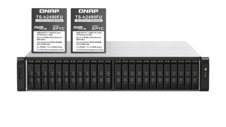 QNAP TS-h2490FU-7232P-64G 24-zatokowy all flash U.2 NVMe NAS, AMD Epyc, 64GB RAM, RP, RACK