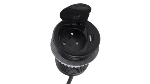 Gniazdo meblowe na 1 gniazdo 2P+Z 16A 230V + 1x USB 2,4A okrągły wpuszczany w blat SINGLE BOX 1,8m czarny