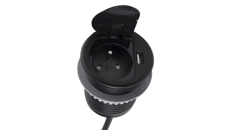 Gniazdo meblowe na 1 gniazdo 2P+Z 16A 230V + 1x USB 2,4A okrągły wpuszczany w blat SINGLE BOX 1,8m czarny