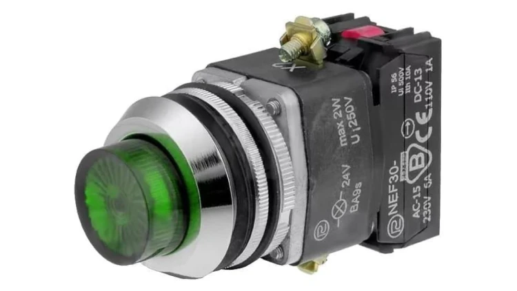 Przełącznik przyciskany, Ilość pozycji stabilnych: 1, NC + NO, zielony, 24V, 30mm NEF30-WLZXY-24VDC