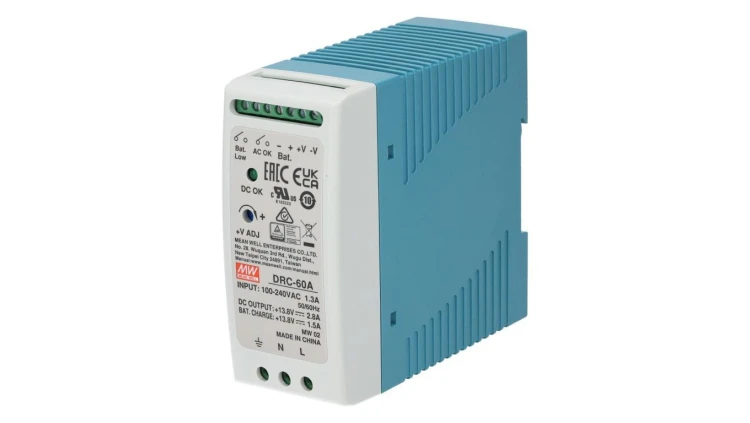 Zasilacz na szynę DIN 13,8V 4,3A 60W uniwersalny buforowy DRC Mean Well z wyjściem do ładowania akumulatora