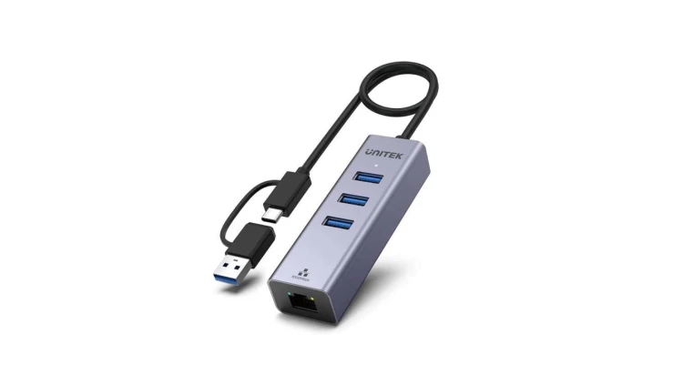 Unitek Hub USB C 4w1 Ethernet 3 x USB A 5 Gbps z adapterem USB A