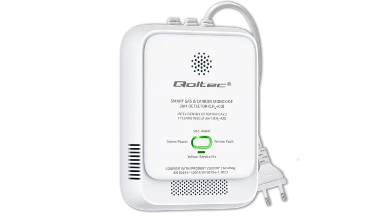Qoltec Certyfikowany Czujnik wycieku gazu ziemnego i tlenku węgla (czadu) detektor CH4 CO alarm 85dB LED