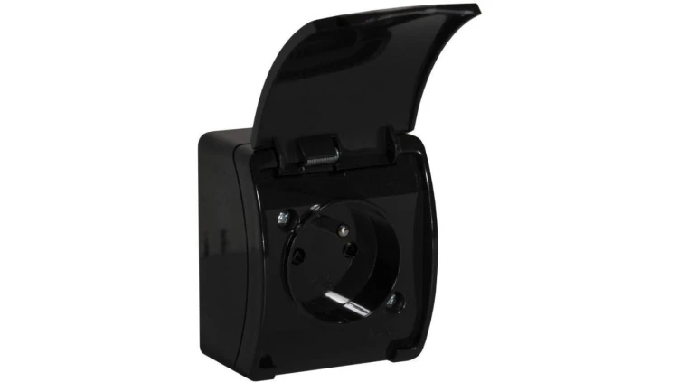 Gniazdo natynkowe pojedyncze z uziemieniem, z klapką VIPLAST KOALA CZARNE IP44 161-05
