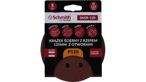 Papier ścierny krążki na rzep z otworami 125mm P120 zestaw 5szt Schmith