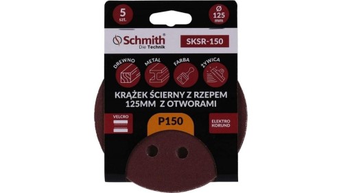 Papier ścierny krążki na rzep z otworami 125mm P150 zestaw 5szt Schmith
