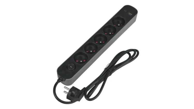 Listwa ochronna DPM z wyłącznikiem - 5 gniazda AC, 1x USB-A, 1x USB-C 1,5M szara