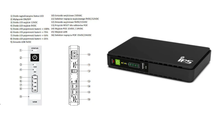RouterUPS-30-PoE DC UPS moc 30W wyjścia 9V/2A lub 12V/2A oraz PoE 15V/1A lub 24V/2A 8800mAh