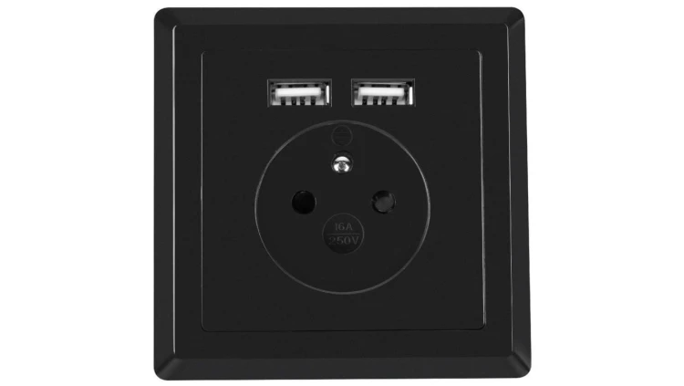 Gniazdo zasilające podtynkowe pojedyncze 2P+Z 16A + gniazdo ładowania 2x USB (5V / 2,1A) czarna KOMPLETNE Lanberg