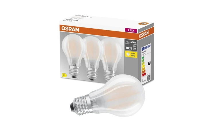 3PAK Żarówka LED E27 A60 7,5W = 75W 1055lm 2700K Ciepła 300 Filament OSRAM BASE
