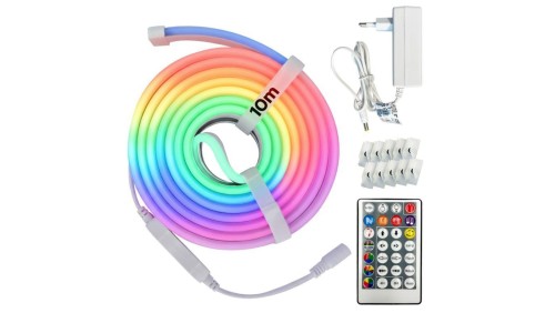 Taśma LED RGB NEON zestaw, 24V, 10W/m, 200lm/m, IP65, ze sterownikiem, zasilaczem i pilotem, rolka 10m, DIGITAL-10 HOROZ