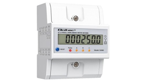 Qoltec Trójfazowy elektroniczny licznik z resetem miernik zużycia energii na szynę DIN 400V 100A LCD LED 4P