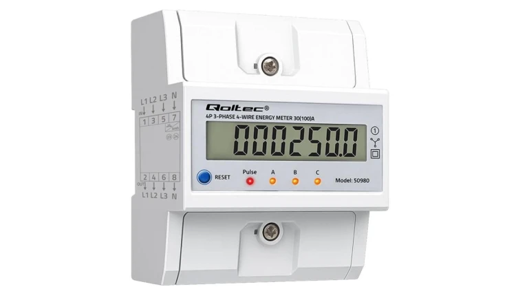 Qoltec Trójfazowy elektroniczny licznik z resetem miernik zużycia energii na szynę DIN 400V 100A LCD LED 4P