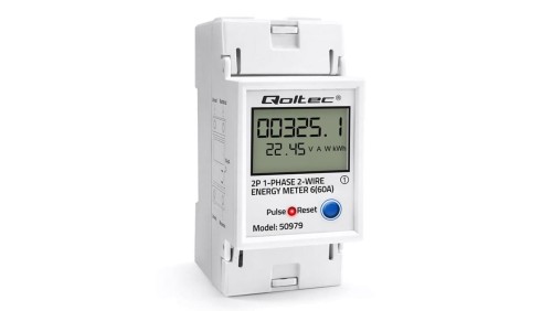 Qoltec Jednofazowy elektroniczny licznik zużycia energii na szynę DIN RESET licznik okresowy i stały 230V 60A LCD LED 2P